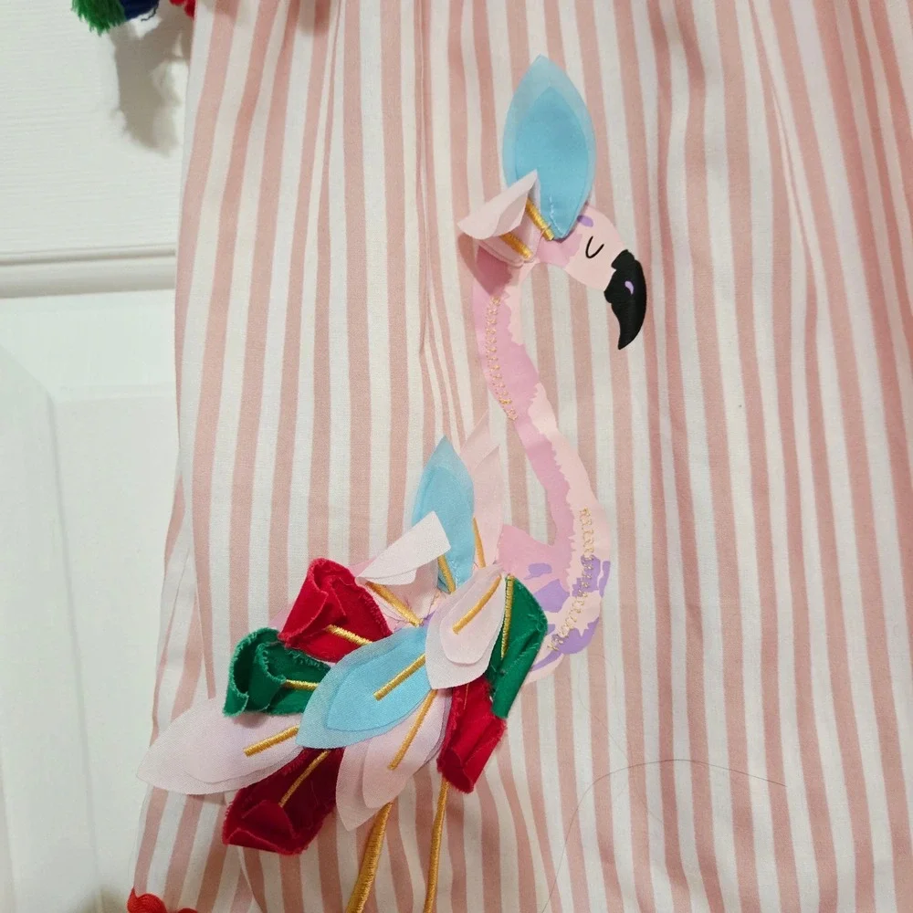 Boutique BMG Kids Girls Pink‎ Stripe Flamingo Tassel Cold Shoulder Dress Size 7Y